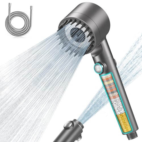 FEELSO Hard Water Filter Shower Head with 15 Stage Filter, 3+1 Spray Jet Modes High Pressure Shower Head and 1.5m Hose, Handheld Massage Shower Filter for Residual Chlorine Remove Grey