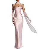 ABYOVRT Women Wedding Guest Dress Satin Corset Top Elegant Maxi Dresses with Sheer Scarf Evening Gown