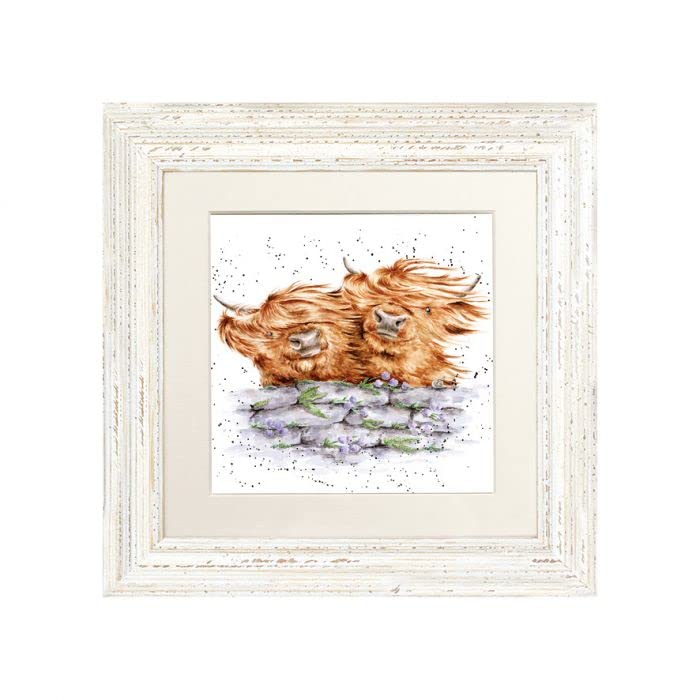 Wrendale Designs Highland Cow Framed Picture in Wood Frame Blown Away (White)