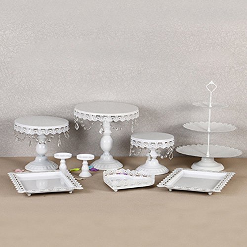 9 Set Metal Crystal Cake Holder Cupcake Stand Cake Dessert Holder with Pendants and Beads,Wedding Birthday Dessert Cupcake Pedestal Display,White (9)
