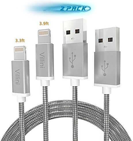 iPhone Metal USB A to Lightning Cable (2 pack - 3.3FT + 3.9FT) Syncing and Charging Cable - Cord Charger for iPhone X, 8, 7, 7 plus, 6 plus, 6s, 5, 5s, iPad, iPod Nano 7, mini, se
