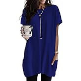 Poetsky Summer Womens Tunic Tops for Leggings with Pockets Short Sleeve Casual Long T Shirts S-3XL
