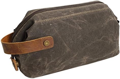Amint Men's Vintage Canvas Waterproof Grooming Shaver Bag Travel Toiletry Bag with Leather Handle Travel Dopp Kit Vanity Bag