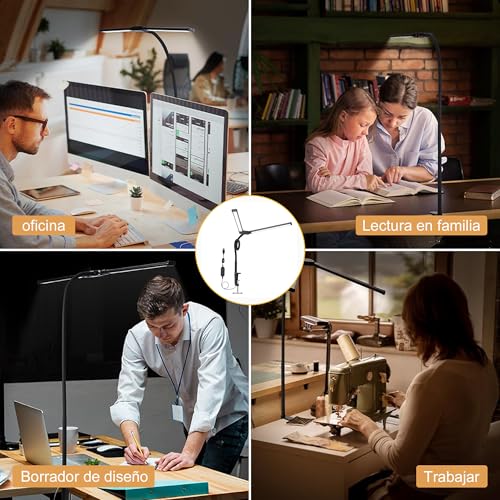 Lámpara Doble de Escritorio LED, Lampara de Escritorio con 3 Modos de Color y 10 Ajustes de Brillo, Lampara de Mesa de Brazo Flexible Ajustable 360° para Leer, Hogar y Oficina (Negro, 50 centímetros)