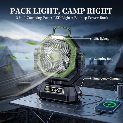 AJVV Camping Fan, Oscillating Battery Powered Portable Rechargeable Hanging Tent Fan with Light and Remote for Camp, Outdoor, Emergency Power Outage, Fishing, RV Travel, Green