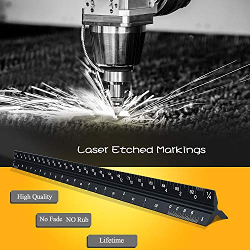 MASGALACC 12-Inch Architectural Scale Ruler Set (Imperial) Laser-Etched Triangular Drafting Tool for Blueprints Scale Architectural Drafting Ruler Standard Metal Architect Ruler