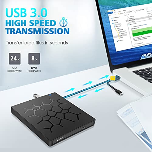 UHNDY External DVD Drive, USB 3.0 CD DVD Burner for Laptop, TypeC CD