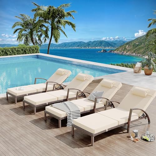EliteEdge Outdoor Chaise Lounge Set of 2, Patio Rattan Chaise Lounge Chair with Cushions, 5-Position Adjustable Backrest Sun Lounger for Poolside, Garden, Backyard, Brown Rattan