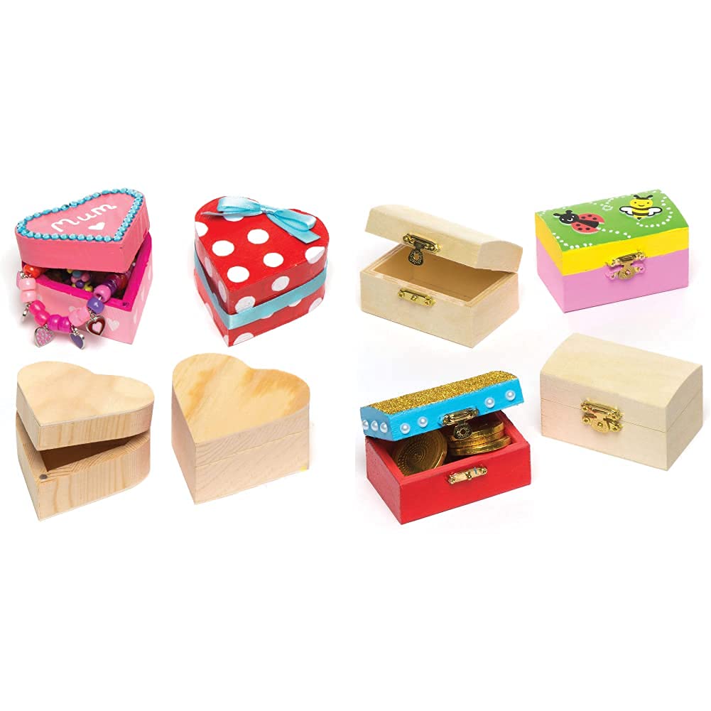 Baker Ross EK2436 Wooden Heart Boxes (Pack of 4) for Kids to Paint and Decorate and Gift & ET127 Mini Wooden Jewellery Box Treasure Chests, Creative Arts and Crafts for Kids (Pack of 4), 8cm x 5cm