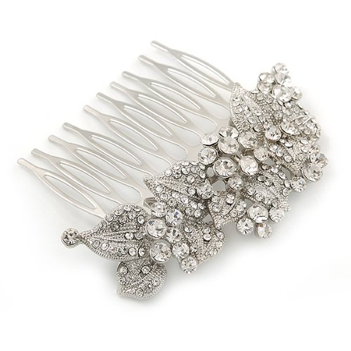 Bridal/ Wedding/ Prom/ Party Rhodium Plated Austrian Clear Crystal 'Leaves & Flowers' Hair Comb - 80mm