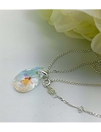 Royal Crystals cadena de plata esterlina con pendiente de cristal Swarovski en forma de gota, color azul aurora boreal, 18 pulgadas