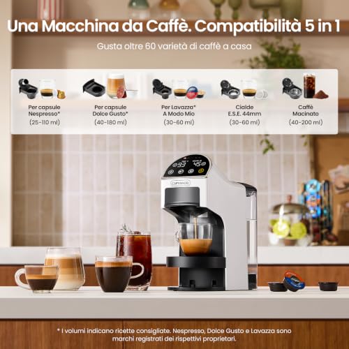 Magician2 Macchina da Caffè a Cialde e Capsule 5 in 1 per Casa e Ufficio | Adatto per ESE 44mm, Nespresso, Dolce Gusto, A Modo Mio, Macinato - Auto-Lock, TouchLED, Volume/Temp Regolabili, Preinfusione
