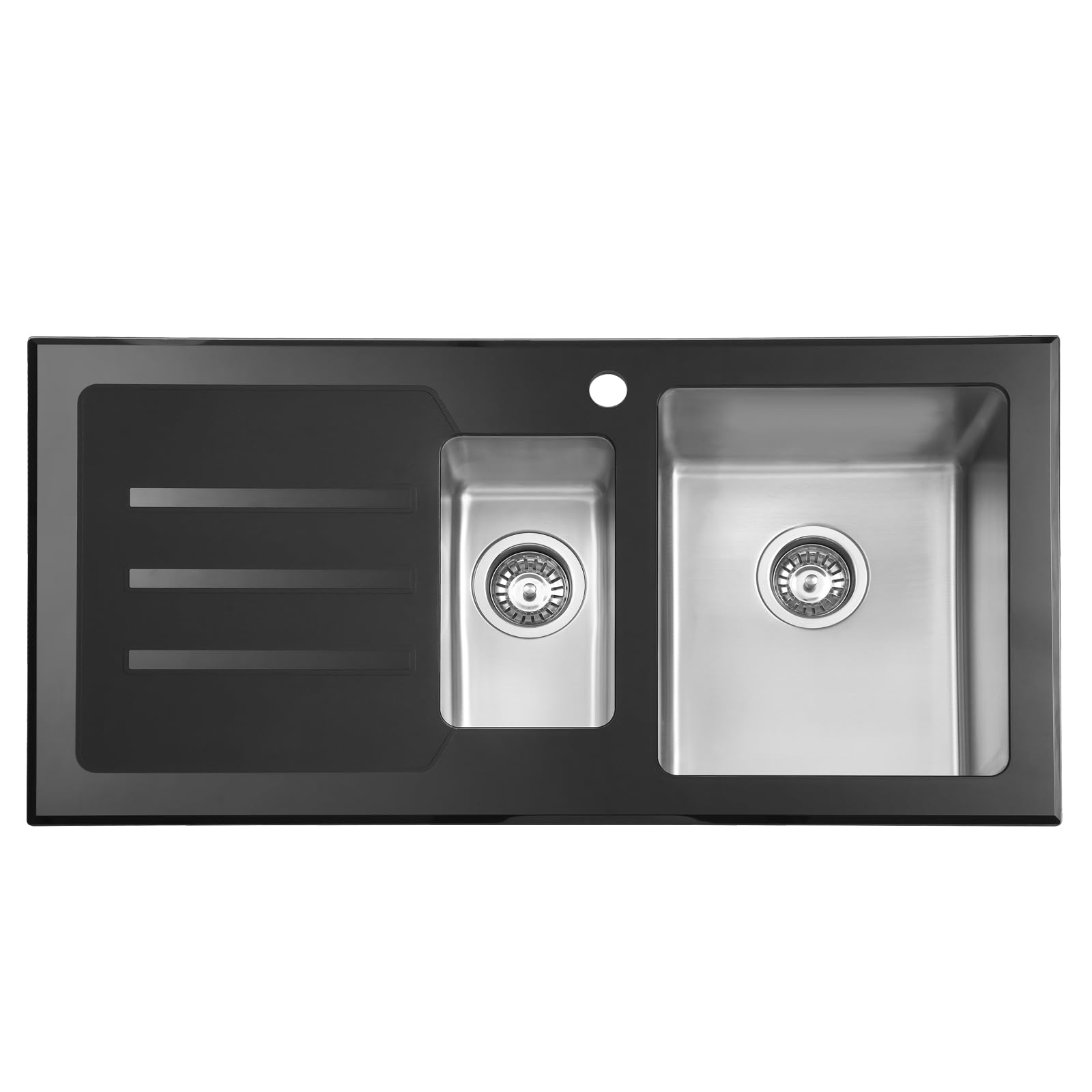 JASSFERRY Black Glass Top Kitchen Sink Stainless Steel 1.5 One Half Deep Bowls Left Hand Drainer with Draining Groove, 1000 X 500 mm