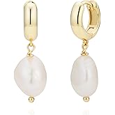 STARepublic 925 Sterling Silver 14K Gold Plated Delicate Small Hoop Pearl Earrings