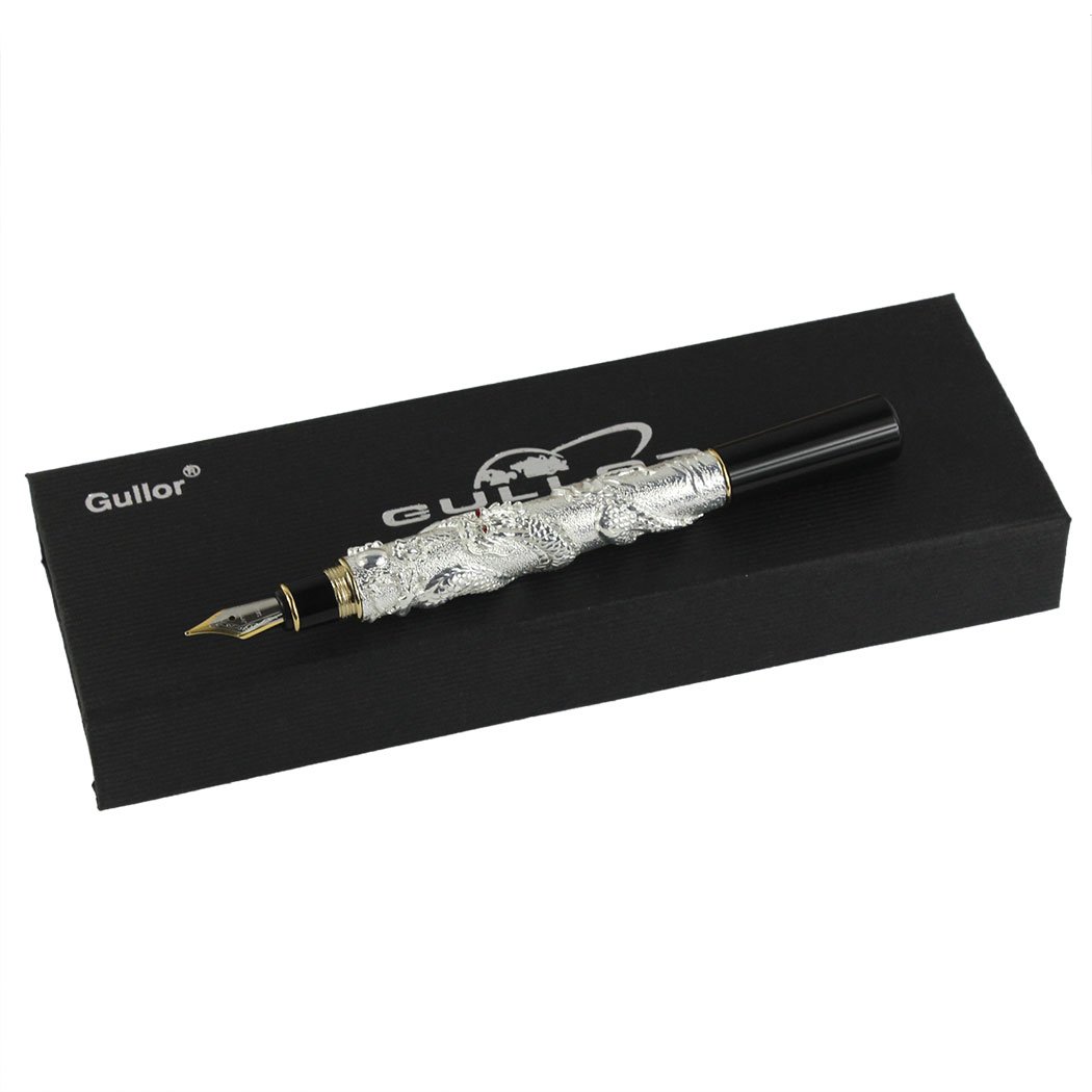 Gullor Chinese Dragon Silver Basso-Relievo Fountain Pen with Original Pen Box and 5 Color Ink Cartridges
