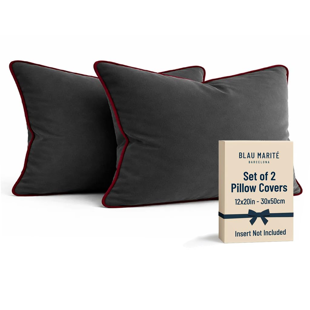 Blau Marité Set of 2 Velvet Throw Pillow Covers with Contrast Piping, Soft Decorative Cushion Covers, Grey and Burgundy, 12"x20" (30x50 cm).