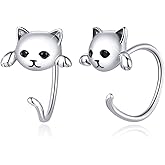 BISAER Solid 925 Sterling Silver Cat Half Hoop Earrings for Women, Hypoallergenic Cute Backless Huggie Earrings kitty Jewelry Gift for Her