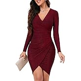ihot Women's Glitter Party Dresses Sexy V Neck Long Sleeve Faux Wrap Ruched Bodycon Sparkly Night Club Dress