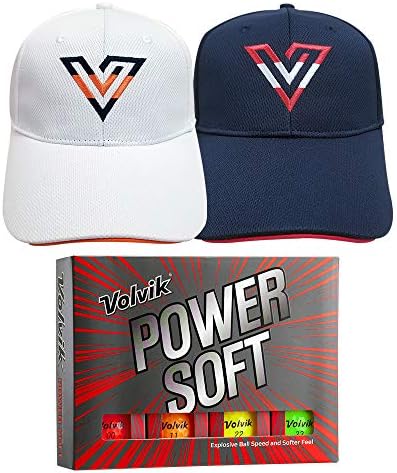 Volvik Power Soft Explosive Ball Speed 1 Dozen (Assorted Color 12 Balls) Golf Balls Bundle with 2 Color V-Logo Hats (White, Navy)