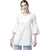Ada Indian Hand Embroidered Chikankari Angrakha Cotton Tunic Top Kurti for Women A911210 White