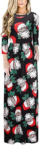 HENCY Women's Long Sleeve Flare Swing Tunic Party Long Maxi Dress - Snowflake Santa Claus Tree Snowman Floral Print