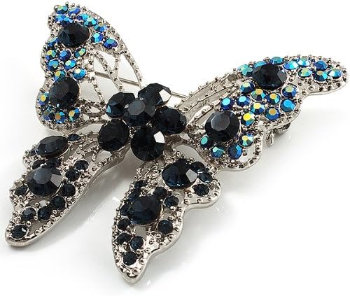 Dazzling Navy Blue Diamante Butterfly Brooch (Silver Tone), silver, blue, dark blue - Image 5
