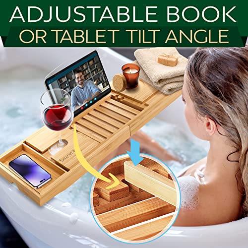 SereneLife Luxury Bamboo Bathtub Caddy Tray Adjustable Natural Wood
