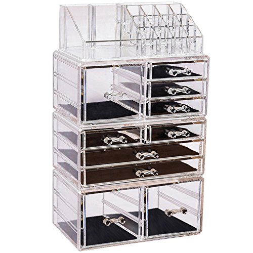 Sooyee Stackable Clear Makeup Organizer, 4 Pieces Acrylic Jewelry and Cosmetic Storage Display Boxes with 10 Drawers 8 Tier