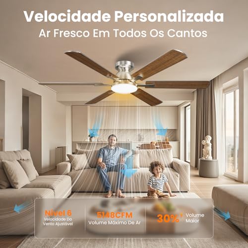 Ventilador de Teto com Controle Remoto, 127/2220V, 132.08cm, 6 Velocidades Função Reversa Luz LED 3 Cores com Memória Motor BLDC Silencioso