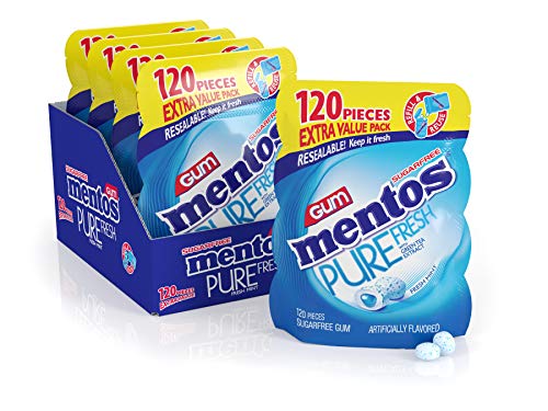 Mentos Pure Fresh Sugar-Free Chewing Gum with Xylitol, Fresh Mint, Halloween Candy, Bulk, 120 Piece Bulk Resealable Bag (Pack of 4), (120 Count (Pack of 4))