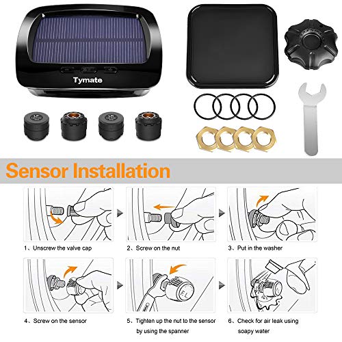 Tymate TPMS Solar Power with HD LCD Screen- Real-time Displays 4 Tires' Pressure, Temperature (-40℃~80℃)- Wireless Tire Pressure Monitoring System with 4pcs External Sensors (0-6.0 BAR)- 6 Alarm Modes