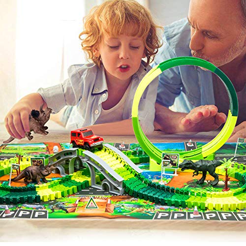 Dinosaur Race Track Toys Set -Single Loop Race Train Track Playset with a 3D Dinosaur Playmat,172 pcs Flexible Tracks and Dino Accessories.