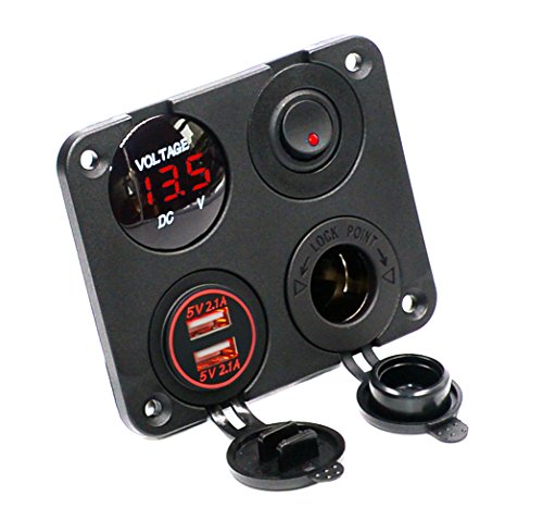 Cllena Dual USB Socket Charger 2.1A&2.1A + LED Voltmeter + 12V Power Outlet + ON-Off Toggle Switch Four Functions Panel for Car Boat Marine RV Truck Camper Vehicles GPS Mobiles (Red)