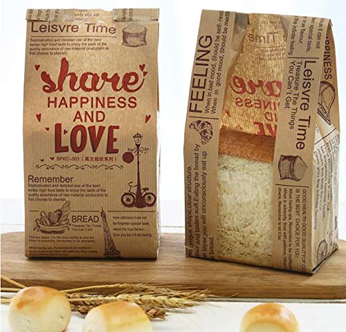 Pack of 40 Paper Bread Loaf Bag Kraft Food Packaging Storage Bakery Bag with Front Window, Label Seal sticker included (Style-3)