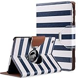 iPad Mini Case,iPad Mini 2 Case,iPad mini 3 Case,ULAK 360 Degree Rotating Synthetic Leather Stand Case Smart Cover for Apple iPad Mini 1/2/3 with Auto Sleep/Wake Function (White/Navy Blue Stripes)