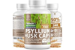 NUMBER ONE NUTRITION N1N Premium Psyllium Husk Capsules [All Natural,1450 MG] Powerful Soluble Fiber Supplement to Support Regularity and Digestive Health, 240 Caps