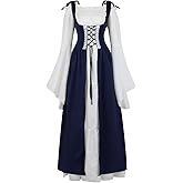 Womens Renaissance Cosplay Costume Medieval Irish Over Dress and Chemise Boho Set Gothic High Waist Gown Dress