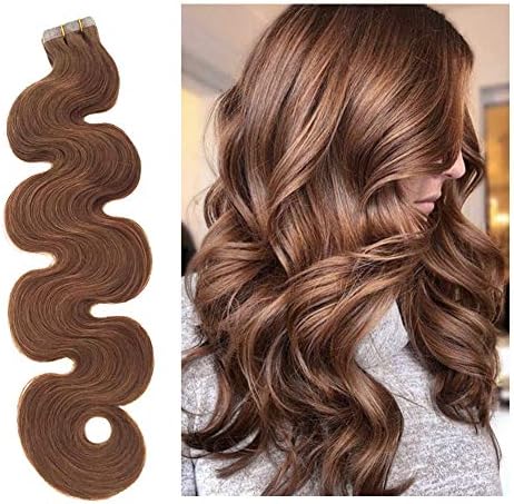 Biena Tape in Hair Extensions Wavy Remy Human Hair Seamless Glue in Extensions 20pcs 70g #8 Ash Brown Add Volume 24 Inches