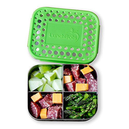 LunchBots Quad Stainless Steel Food Container - Four Section Design Perfect for Healthy Snacks, Sides, or Finger Foods On the Go - Eco-Friendly, Dishwasher Safe and BPA-Free - Green Dots