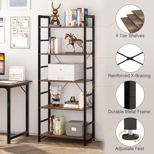 VERMESS Industrial Bookshelf, 5-Tier 24inch Shelving Unit Wood Bookcase with Open Shelves, Standing Bookshelves Metal Frame Display Rack for Living Room,Bedroom, 24.8 * 11.8 * 63 inch，Rustic Brown
