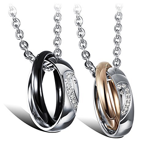 Cupimatch 2 Pieces Couples Necklace with Stainless Steel Heart Matching Interlocking Rings Pendant & Chain … — image 1