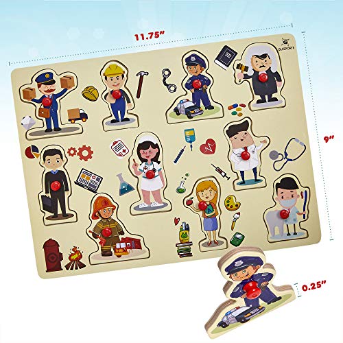 Wooden Peg Puzzle, Profession Theme - Learning Educational Pegged Puzzle for Toddler & Kids (10 pcs) Gleeporte - Thumbnail 5