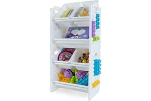 UNiPLAY Toy Organizer with 6 Removable Storage Bins, Multi-Bin Organizer for Books, Building Blocks, School Materials, Toys with Baseplate Board Frame (White)