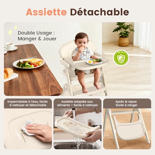PAMPORPET Evolutionary Baby Highchair – From 6 Months Up to 90 kg – Folded High Chairs with Adjustable Seat/Footrest, Removable Tray and Cushion/5-Point Harness – Ergonomic Compliant (Beige)