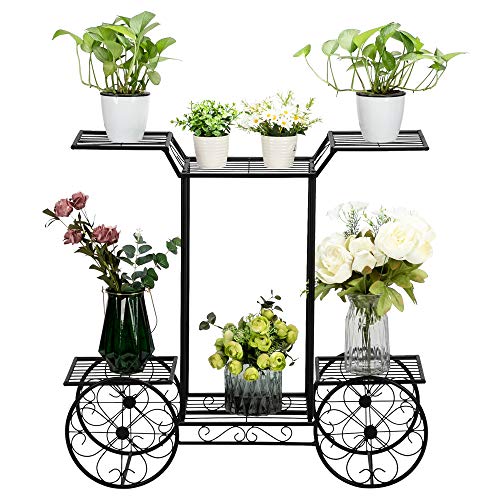 OLYM STORE Metal Plant Shelves Flower Pot Stand Garden Iron Rack 6 Potted Displaying Plant Holders, Car Shape Black