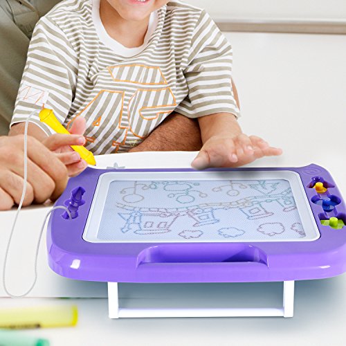 SGILE 16.3X12.8 Kids Magna Drawing Board Toy Foldable Stand Foothold 3 Stamps, Non-Toxic Magnetic Doodles Sketch Pad Painting Writing Toddlers Preschooler Learning Development, Purple - Thumbnail 4