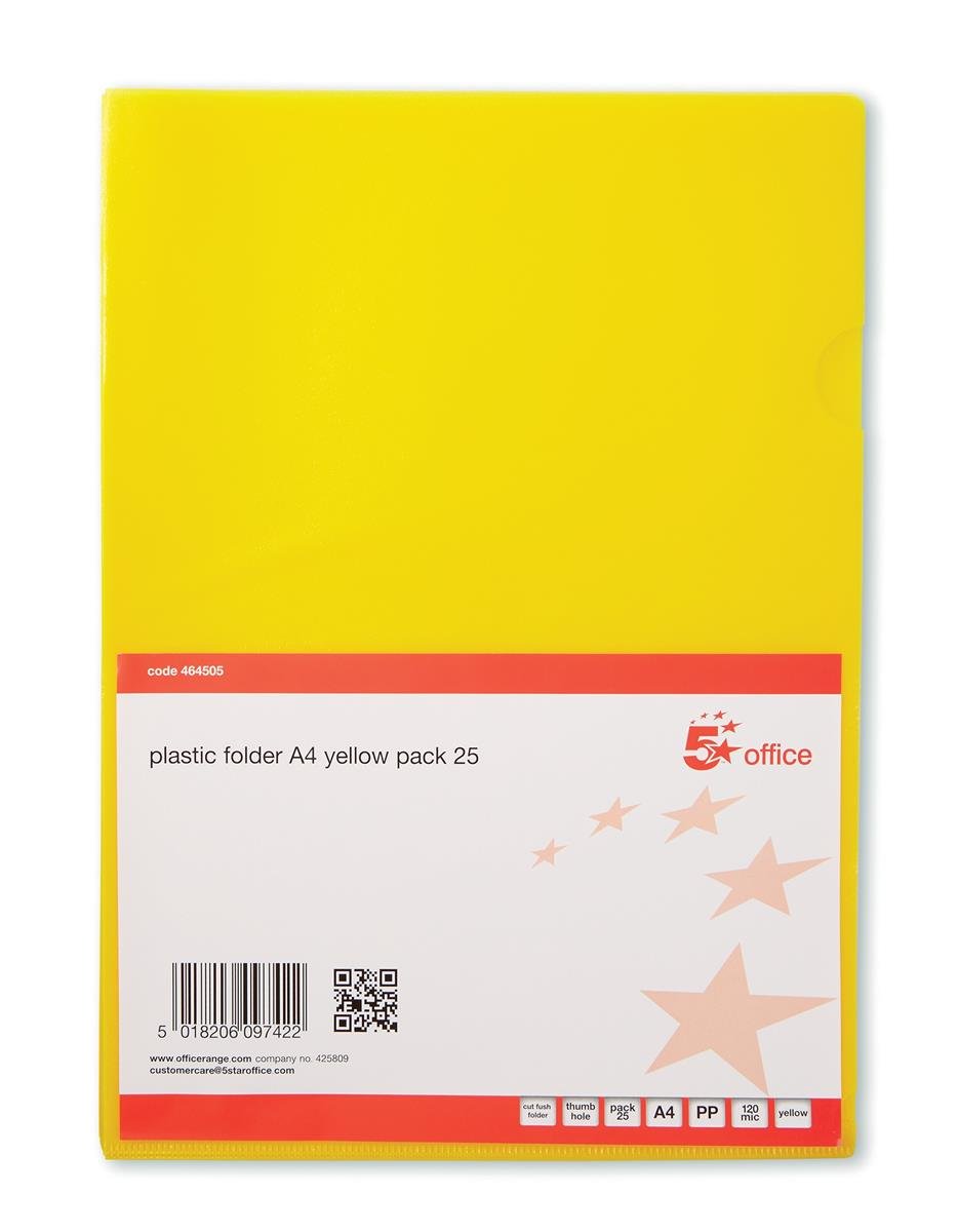 5 Star Office Folder Cut Flush Polypropylene Copy-safe Translucent 120 Micron A4 Yellow [Pack 25]