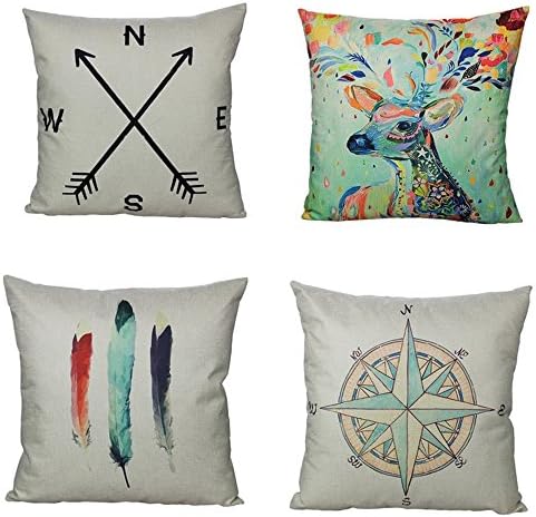 All Smiles Flower Deer Decorative Cushion Covers Feather Pattern Outdoor Pillow Covers Compass Arrow Nautical Throw Cushions 18X18 for Home Sofa Study