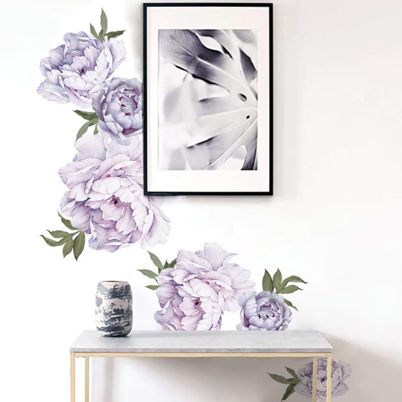 OUFEI Wall Decals Floral Wallpaper Peel and Stick Purple Peony Flowers Wall Stickers for Living Room Girls Bedroom Baby Kids Nursery Wall Decoration