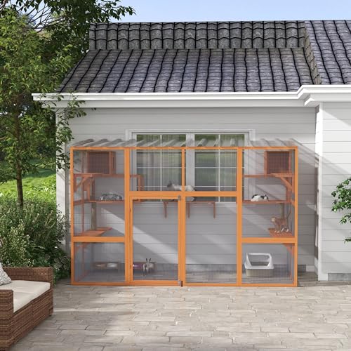 PawHut Catio Outdoor Cat Enclosure, 118" L Large Wooden Outdoor Cat House w/ 2 Condos, 7 Platforms, 2 Scratching Posts, Waterproof Roof, Walk-in Kitty Cage for 1–5 Kittens, Orange